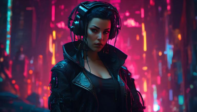 Cyberpunk,Cyberpunk, Personnes, femme, 1fille, veste, solo, écouteurs, cheveux noirs, seins, néons