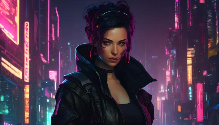 Cyberpunk,Cyberpunk, People, woman, 1girl, cyberpunk, neon lights, solo, jacket, hair bun, choker, black hair