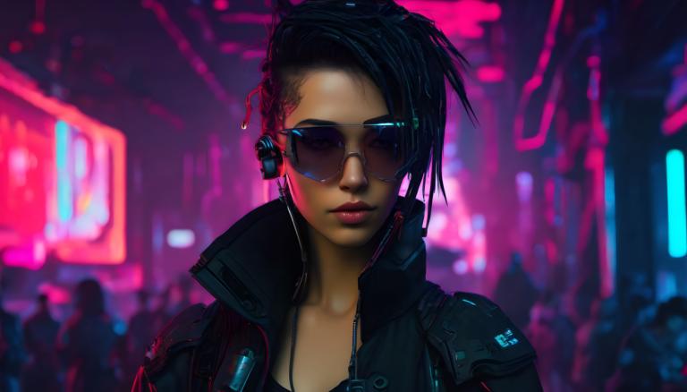 Cyberpunk,Cyberpunk, Personnes, femme, 1fille, cyberpunk, néons, des lunettes de soleil, flou