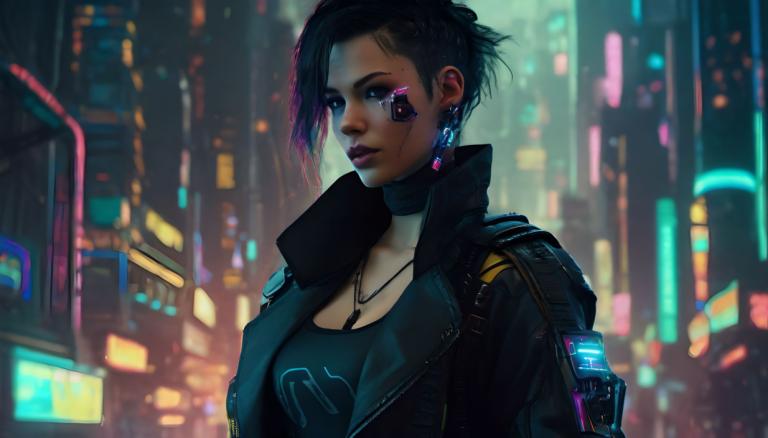 Cyberpunk,Cyberpunk, Mensen, vrouw, 1meisje, cyberpunk, solo, jasje, juwelen, zwart haar, oorbellen