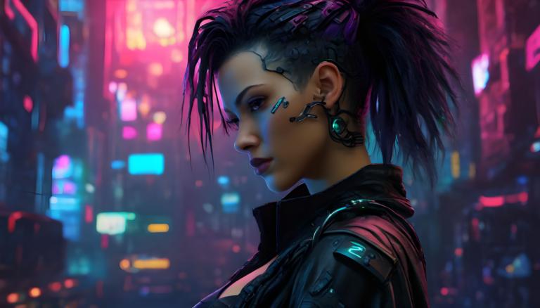 Cyberpunk,Cyberpunk, Persone, donna, 1 ragazza, assolo, luci al neon, cyberpunk, orecchini, gioielleria