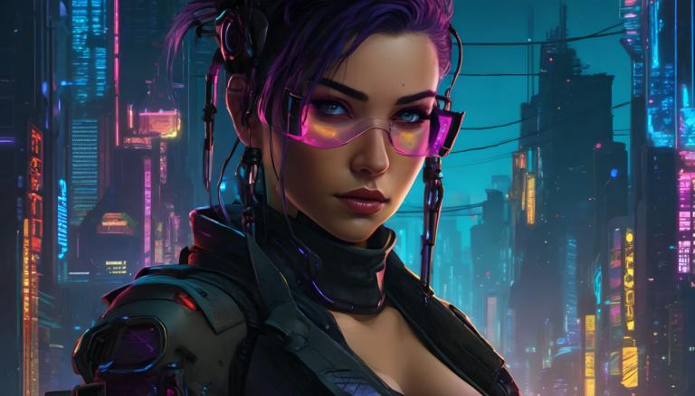 Cyberpunk,Cyberpunk, Personnes, femme, 1fille, cyberpunk, solo, yeux bleus, cheveux violets