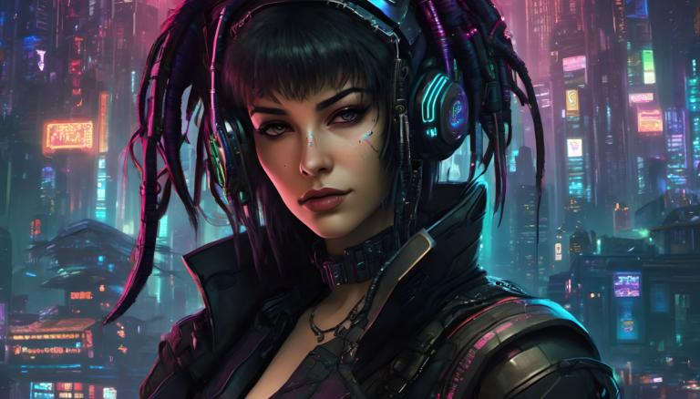 Cyberpunk,Cyberpunk, Personnes, femme, 1fille, cyberpunk, néons, solo, cheveux noirs, regarder le spectateur