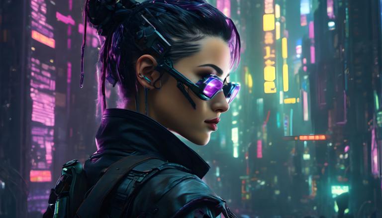 Cyberpunk,Cyberpunk, Mennesker, kvinne, 1 jente, solo, cyberpunk, neon lys, hår knute, enkelt hår bun