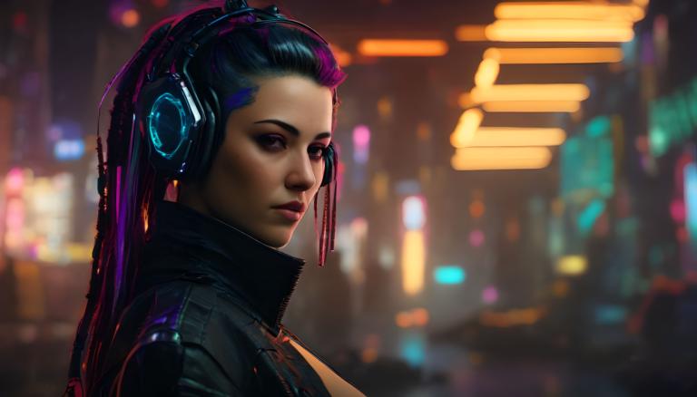 Cyberpunk,Cyberpunk, People, woman, 1girl, solo, cyberpunk, headphones, neon lights, jacket, long hair