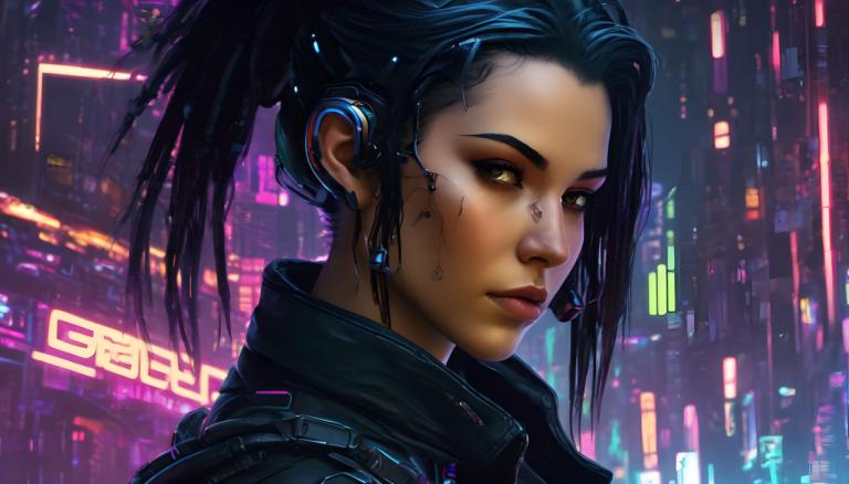 Cyberpunk,Cyberpunk, Personnes, femme, 1fille, solo, cyberpunk, néons, cheveux noirs, queue de cheval, nez