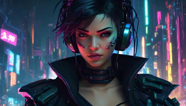 Cyberpunk,Cyberpunk, Oameni, femeie, 1 fata, cyberpunk, solo, lumini de neon, par scurt, privind privitorul