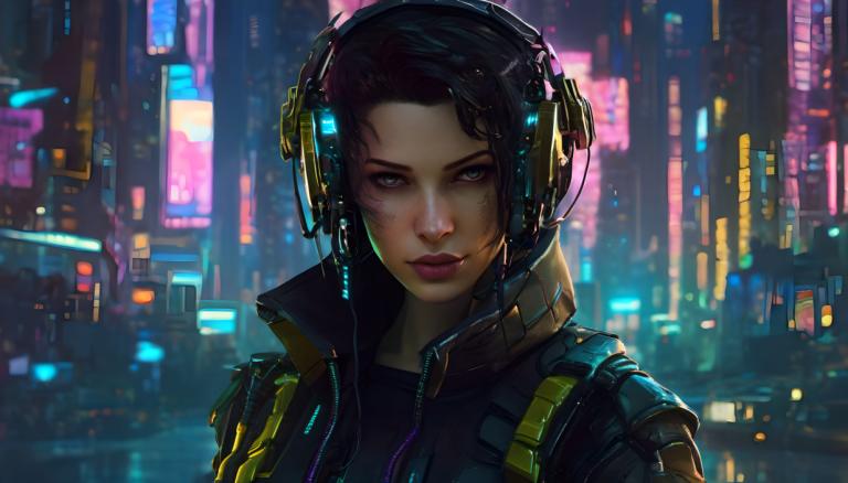 Cyberpunk,Cyberpunk, Menschen, Frau, 1Mädchen, Solo, Cyberpunk, Kopfhörer, Jacke, Blick auf den Betrachter