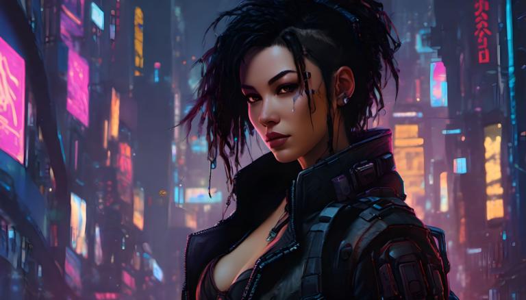 Cyberpunk,Cyberpunk, People, woman, 1girl, cyberpunk, solo, breasts, neon lights, black hair, jewelry, jacket