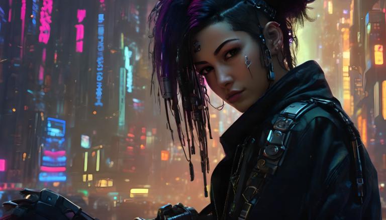 Cyberpunka,Cyberpunka, Ludzie, kobieta, 1 dziewczyna, cyberpunk, solo, kurtka, światła neonowe, przeszywający