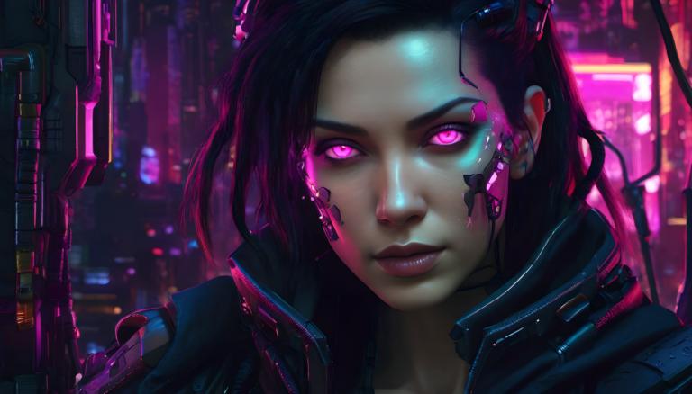 Cyberpunk,Cyberpunk, Personnes, femme, 1fille, cyberpunk, solo, yeux roses, embrasé, yeux brillants