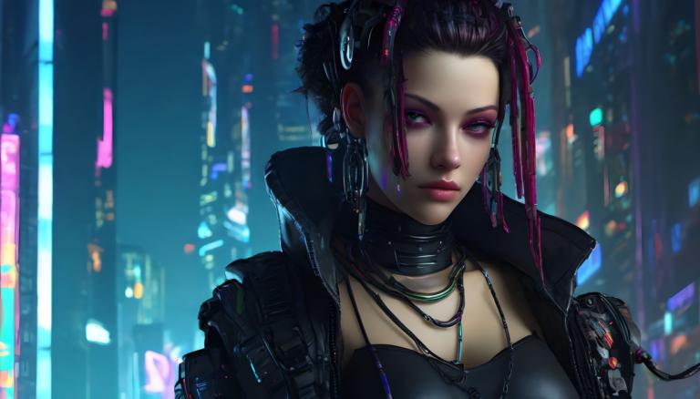 Cyberpunk,Cyberpunk, People, woman, 1girl, solo, jewelry, cyberpunk, jacket, earrings, necklace, black hair