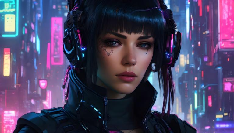 Cyberpunk,Cyberpunk, Mennesker, kvinde, 1 pige, cyberpunk, solo, sort hår, neonlys, blå øjne, pandehår