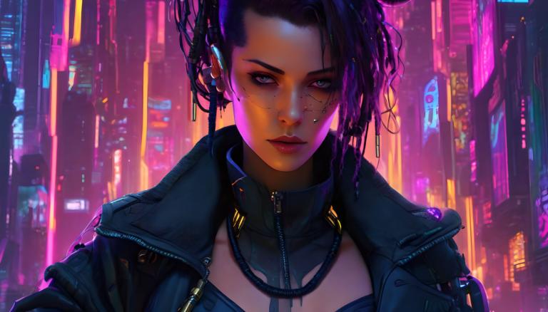 Cyberpunk,Cyberpunk, Mennesker, kvinne, 1 jente, cyberpunk, solo, jakke, neon lys, ser på seeren, lilla hår