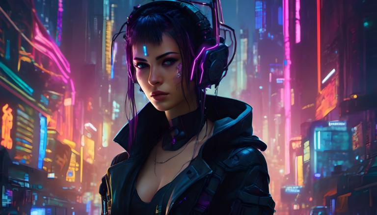 Cyberpunk,Cyberpunk, People, woman, 1girl, cyberpunk, solo, neon lights, jacket, breasts, science fiction