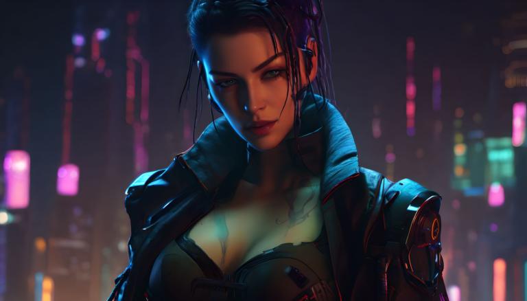 Cyberpunk,Cyberpunk, People, woman, 1girl, breasts, solo, cyberpunk, cleavage, jacket, neon lights