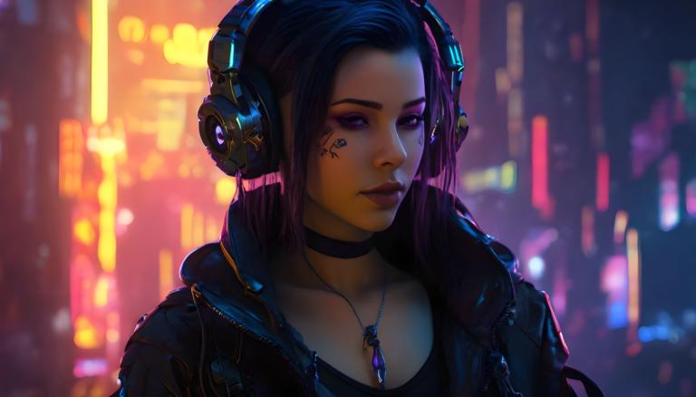 Cyberpunk,Cyberpunk, Lidé, žena, 1 dívka, sólo, tlumič, Bunda, šperky, sluchátka, kyberpunk, náhrdelník