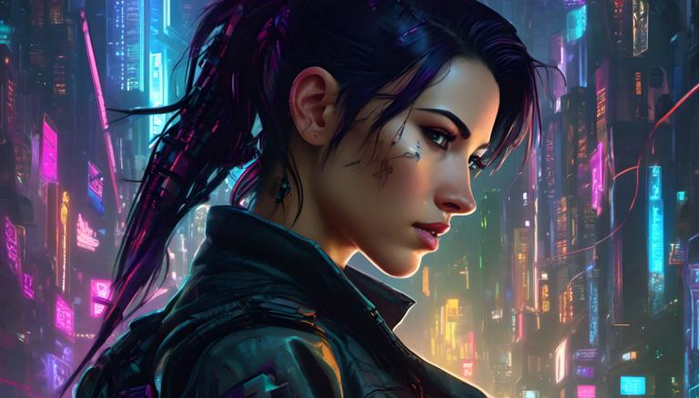 Cyberpunk,Cyberpunk, People, woman, 1girl, solo, cyberpunk, ponytail, jacket, long hair, purple hair