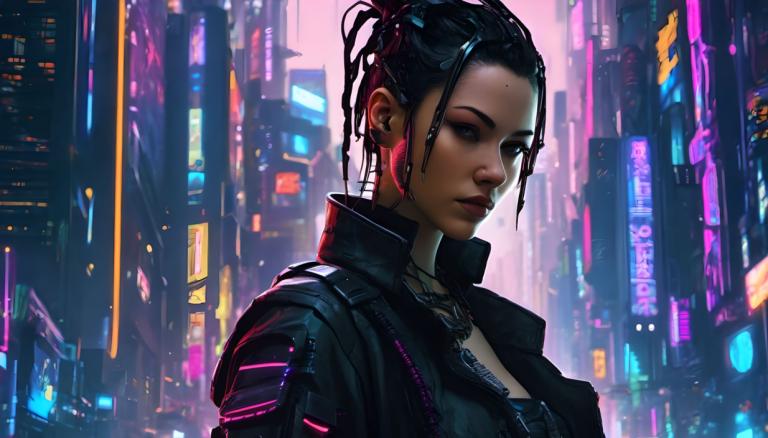 Cyberpunk,Cyberpunk, Oameni, femeie, 1 fata, solo, brunet, sacou, Bijuterii, cyberpunk, lumini de neon