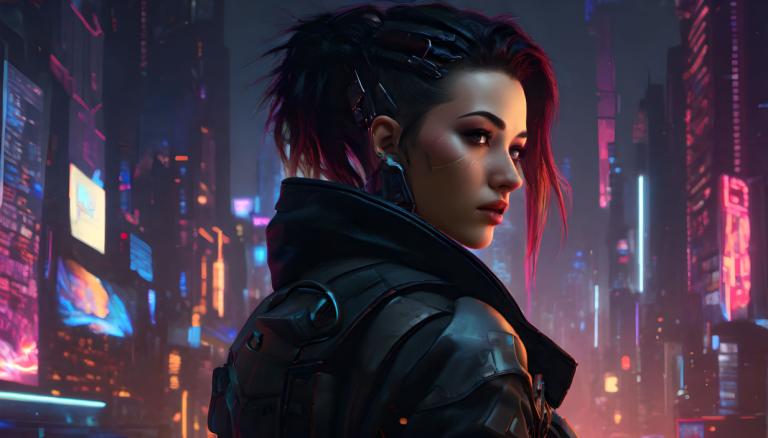 Cyberpunk,Cyberpunk, Oameni, femeie, 1 fata, cyberpunk, solo, lumini de neon, oraș, sacou, nas, brunet