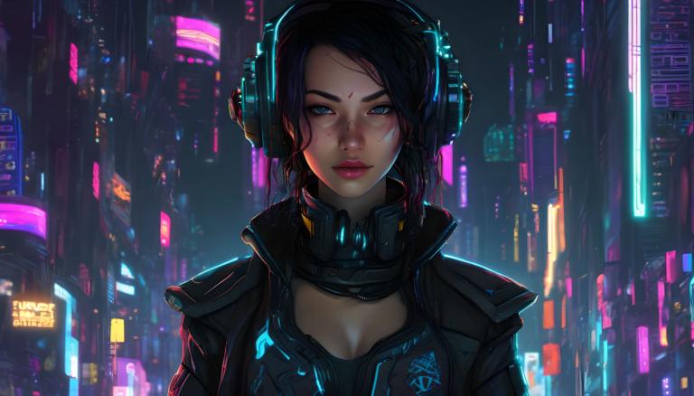 Cyberpunk,Cyberpunk, Mọi người, đàn bà, 1 cô gái, cyberpunk, đấu, đèn neon, ngực, mắt xanh