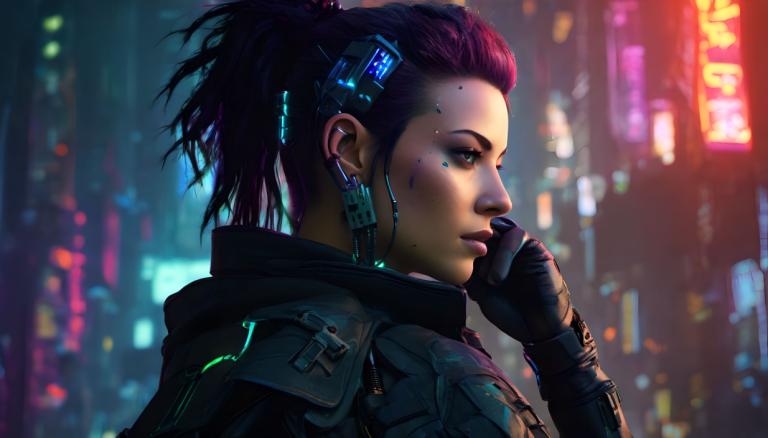 Cyberpunk,Cyberpunk, Menschen, Frau, 1Mädchen, Cyberpunk, Solo, lila Haare, Handschuhe, Neonlichter