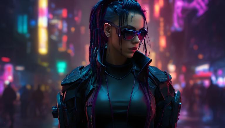 Cyberpunk,Cyberpunk, People, woman, 1girl, sunglasses, blurry background, blurry, jacket, long hair, ponytail