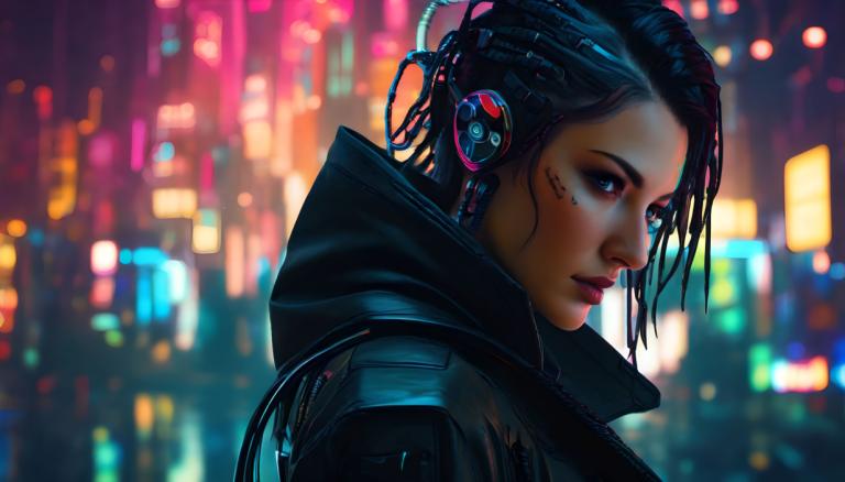 Cyberpunk,Cyberpunk, People, woman, 1girl, solo, cyberpunk, black hair, blurry, blurry background, jacket