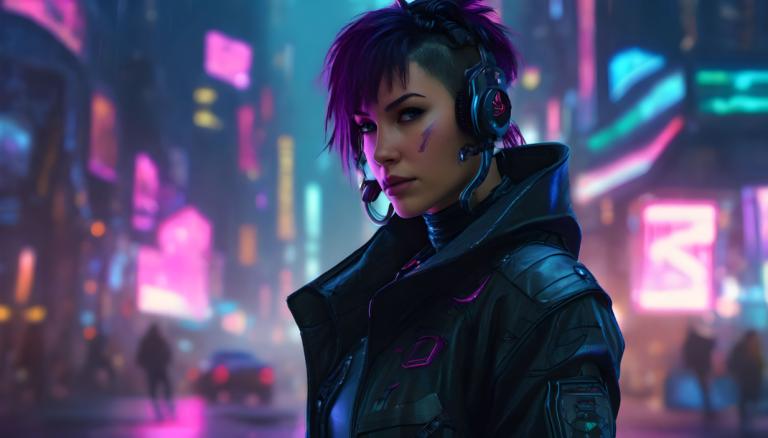 Cyberpunk,Cyberpunk, människor, kvinna, 1 tjej, cyberpunk, kort hår, suddig bakgrund, neonljus, jacka