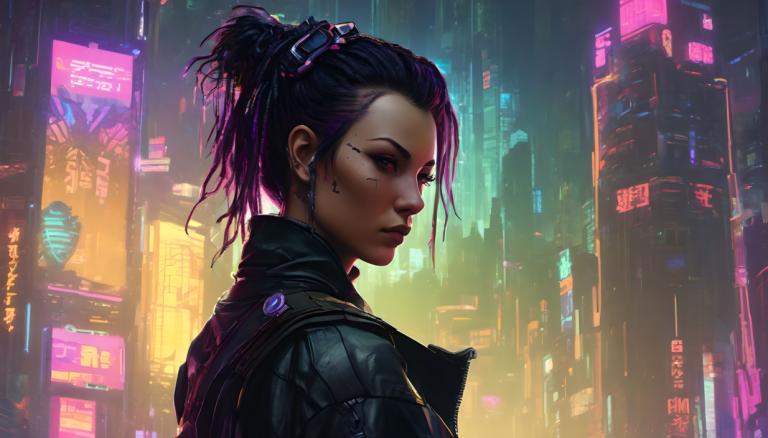 Cyberpunk,Cyberpunk, Mọi người, đàn bà, 1 cô gái, đấu, cyberpunk, đèn neon, tóc màu tím, áo khoác, Hoa tai