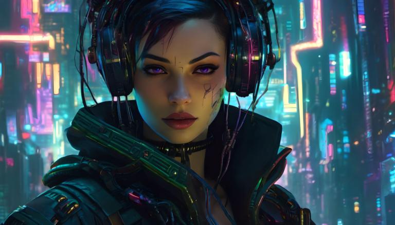 Cyberpunk,Cyberpunk, Oameni, femeie, cyberpunk, 1 fata, solo, Căști, ochi violet, privind privitorul