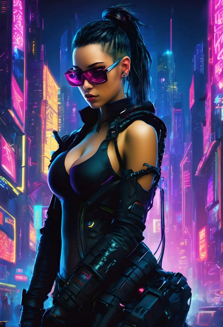 Cyberpunk,Cyberpunk, People, woman, 1girl, breasts, solo, weapon, cyberpunk, cleavage, gun, ponytail