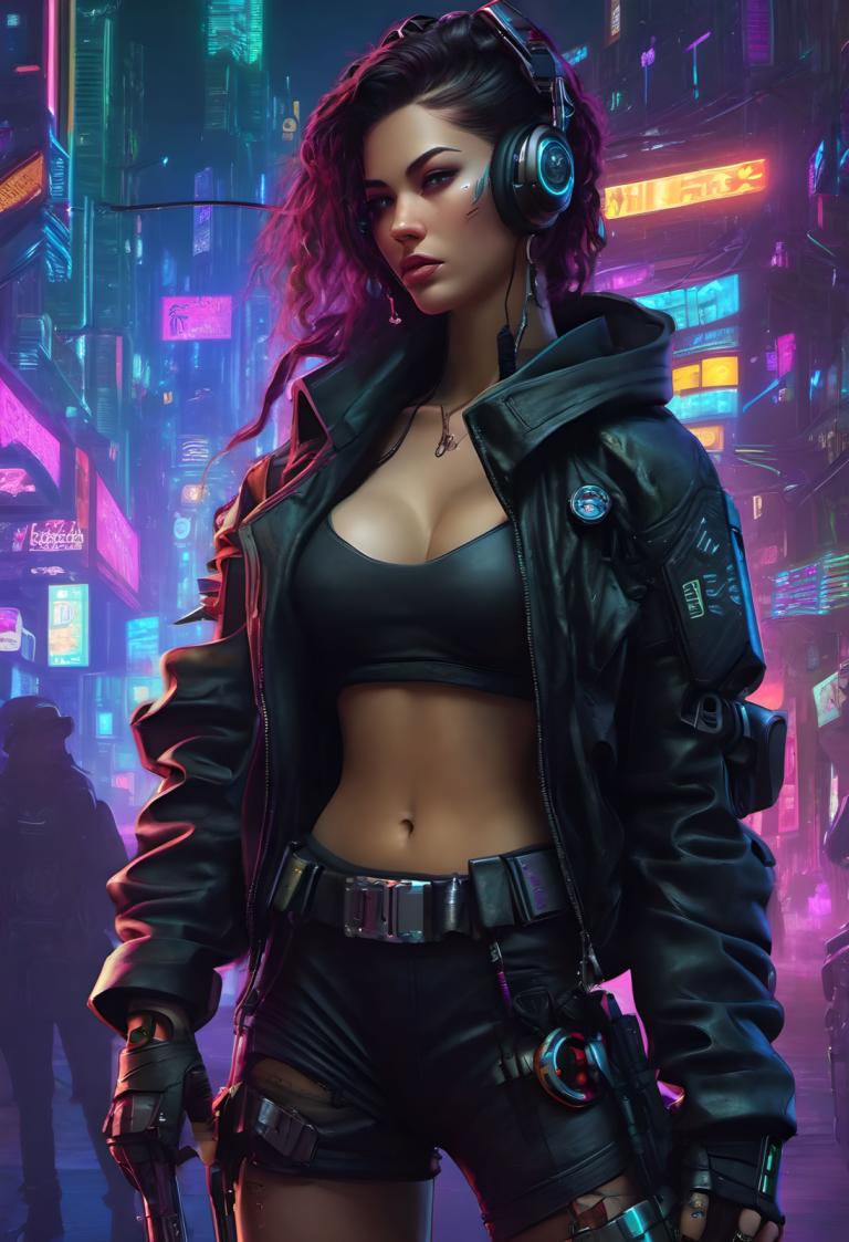 Cyberpunka,Cyberpunka, Ludzie, kobieta, 1 dziewczyna, piersi, broń, pępek, cyberpunk, pistolet, rękawice