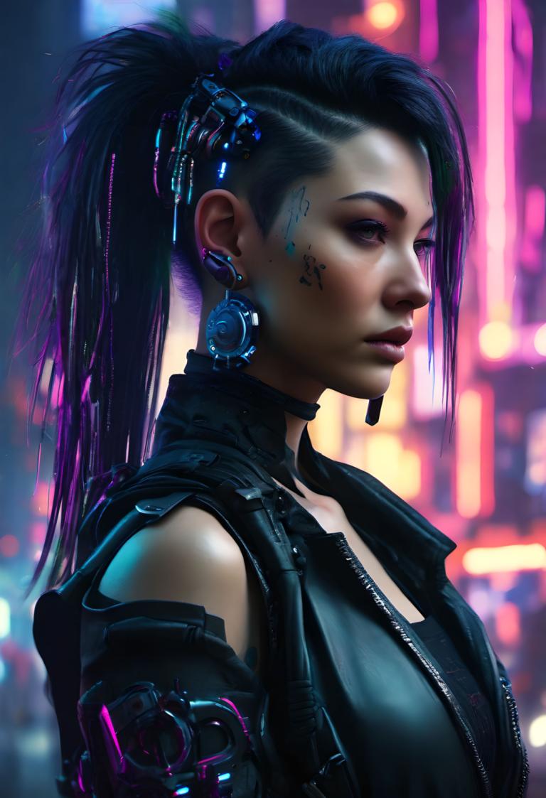 Cyberpunk,Cyberpunk, Personnes, femme, 1fille, cyberpunk, solo, queue de cheval, des boucles d'oreilles