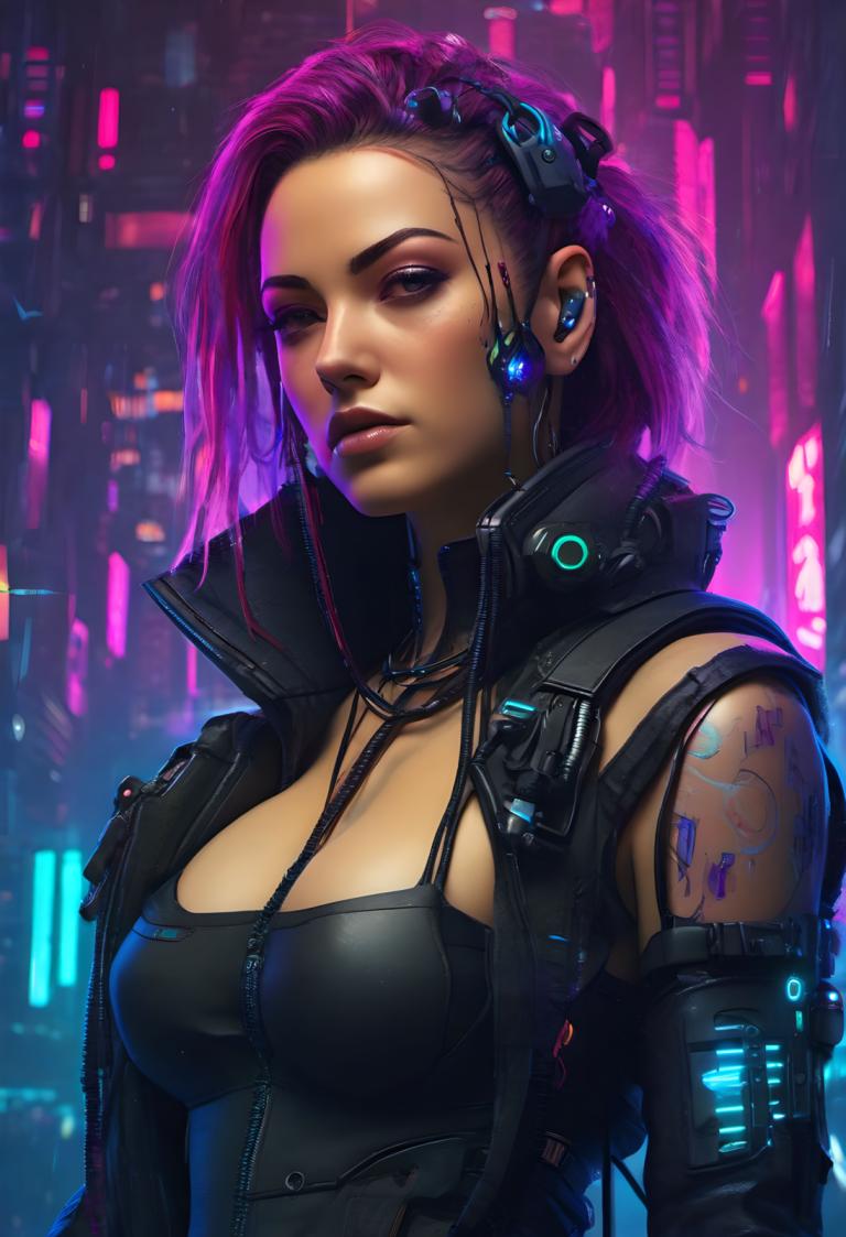 Cyberpunk,Cyberpunk, Menschen, Frau, 1Mädchen, Cyberpunk, Solo, Brüste, Kabel, mittlere Brüste, Tätowierung