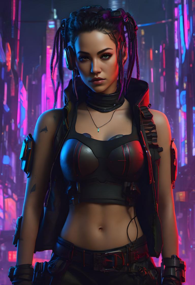 Cyberpunk,Cyberpunk, Mọi người, đàn bà, 1 cô gái, đấu, lỗ rốn, găng tay, ngực, trang sức, phần giữa