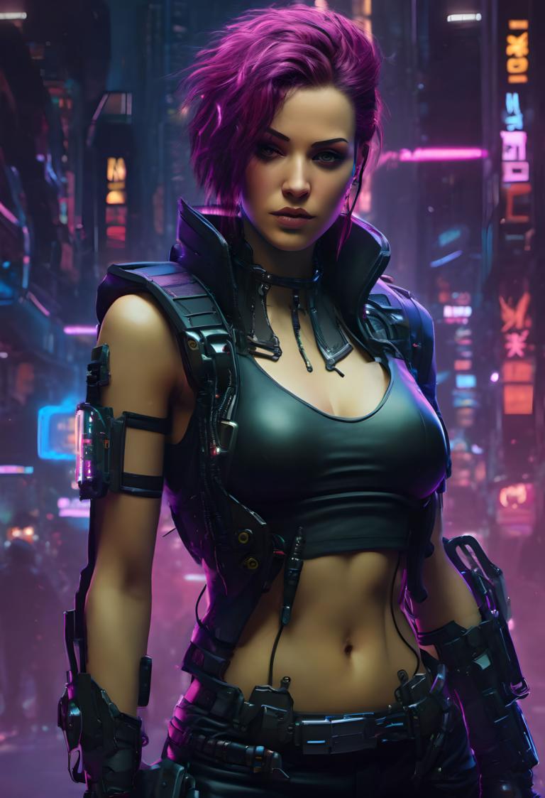 Cyberpunk,Cyberpunk, People, woman, 1girl, solo, breasts, pink hair, navel, cyberpunk, short hair, midriff