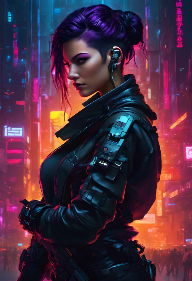 Cyberpunk,Cyberpunk, People, woman, 1girl, cyberpunk, weapon, gun, neon lights, purple hair, single hair bun