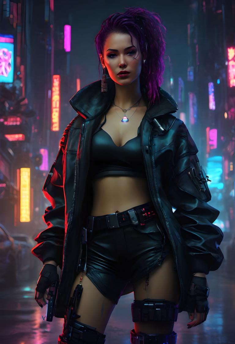 Cyberpunk,Cyberpunk, Oameni, femeie, 1 fata, haine deschise, sanii, armă, mănuși, lumini de neon, Bijuterii