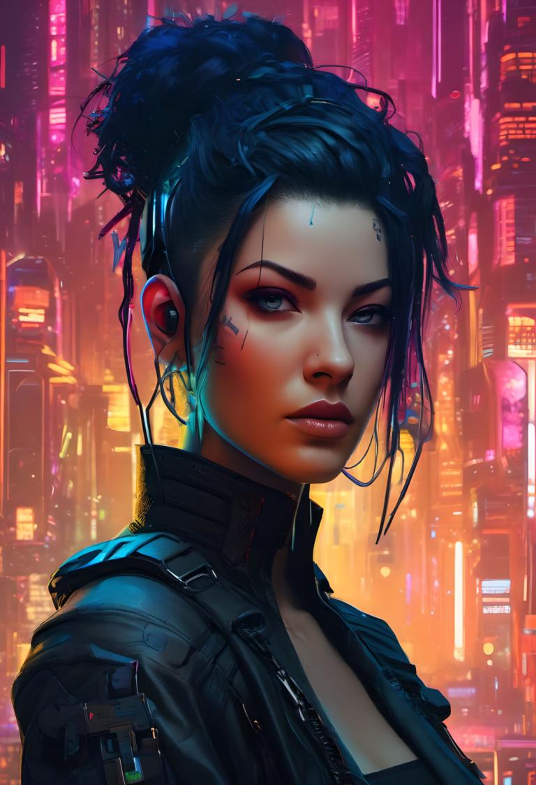 Cyberpunk,Cyberpunk, Menschen, Frau, 1Mädchen, Solo, Cyberpunk, Haarknoten, Blick auf den Betrachter, Jacke