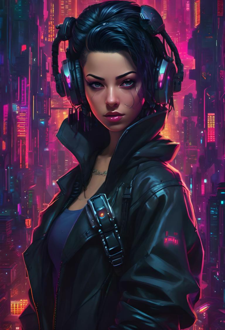 Cyberpunk,Cyberpunk, Menschen, Frau, 1Mädchen, Solo, Jacke, schwarzes Haar, Blick auf den Betrachter