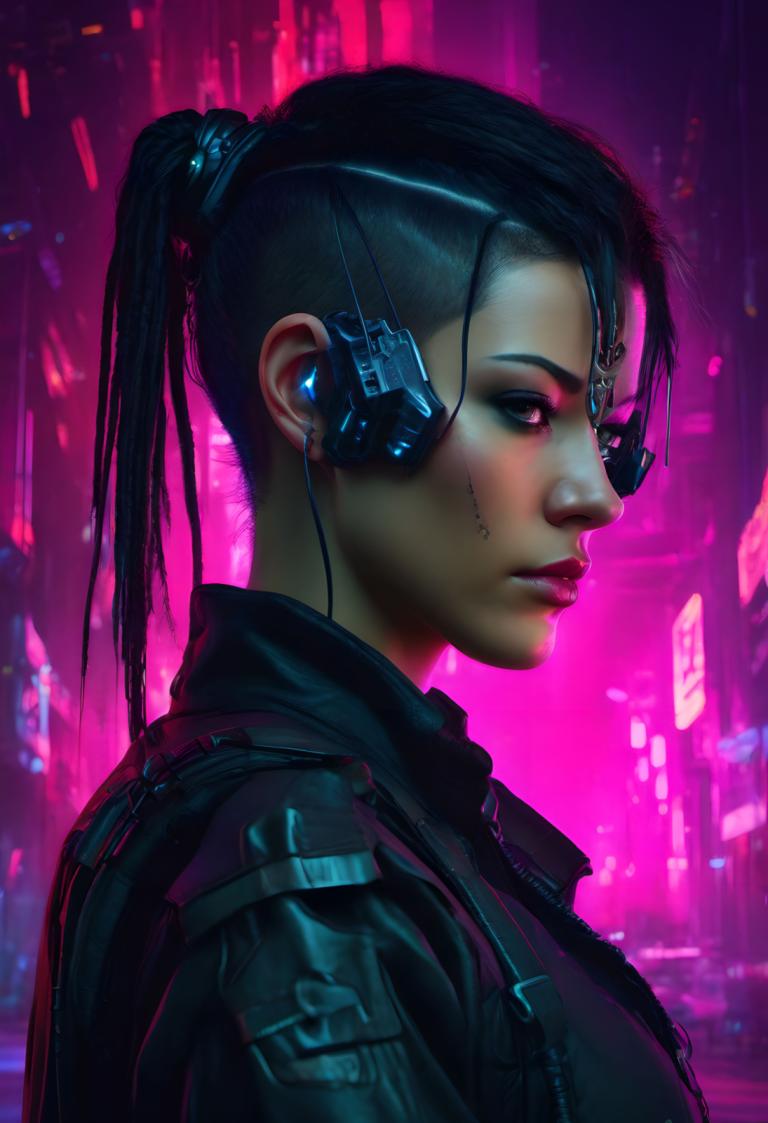 Cyberpunk,Cyberpunk, Oameni, femeie, 1 fata, solo, cyberpunk, coadă de cal, lumini de neon, brunet, realist