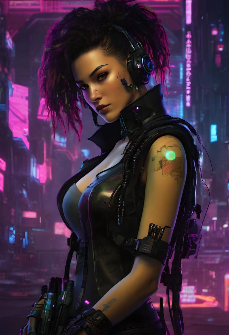 Cyberpunk,Cyberpunk, Menschen, Frau, 1Mädchen, Solo, Waffe, Pistole, Cyberpunk, Brüste, Tätowierung