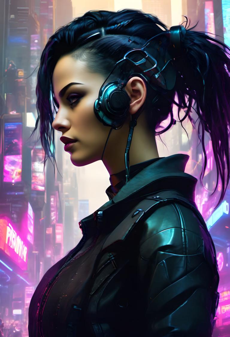 Cyberpunk,Cyberpunk, människor, kvinna, 1 tjej, solo, cyberpunk, hästsvans, jacka, från sidan, svart hår