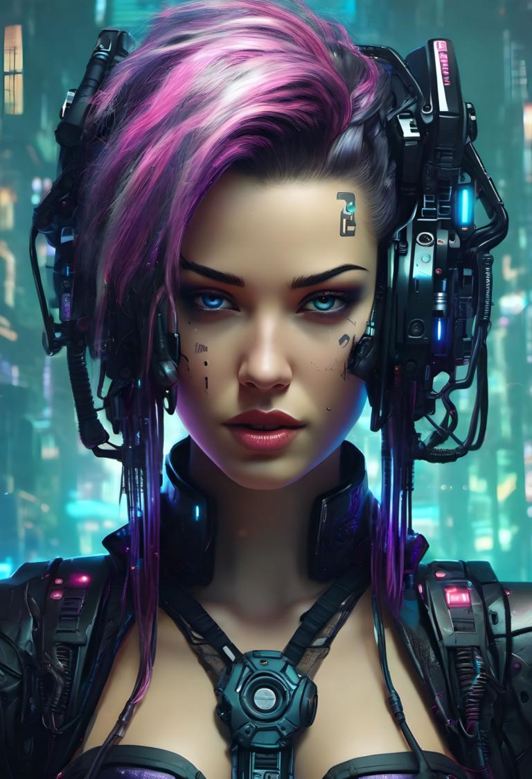 Cyberpunk,Cyberpunk, Ljudje, ženska, 1 dekle, solo, cyberpunk, modre oči, roza lasje, večbarvni lasje