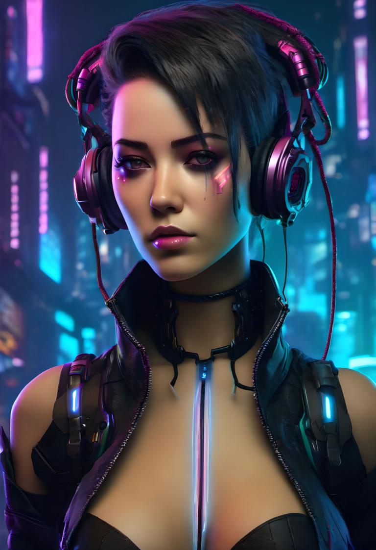 Cyberpunk,Cyberpunk, Ljudje, ženska, 1 dekle, solo, cyberpunk, prsi, Črni lasje, slušalke, realističen