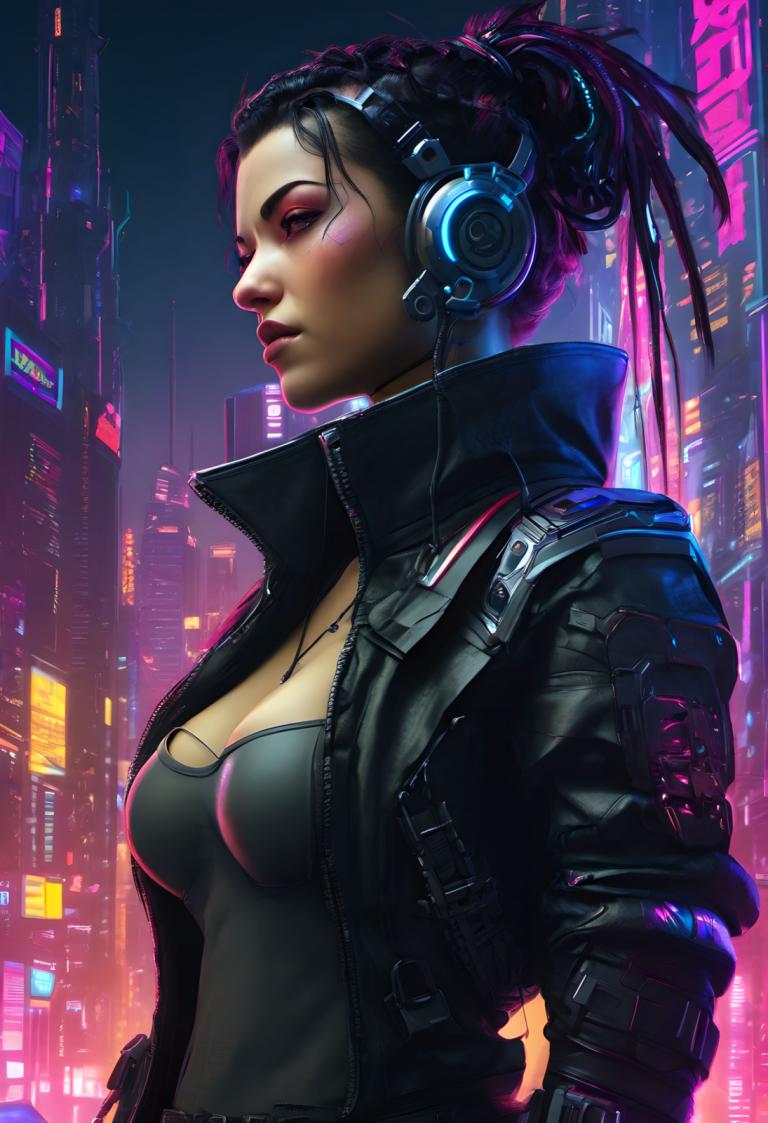 Cyberpunk,Cyberpunk, Persone, donna, 1 ragazza, cyberpunk, seni, assolo, giacca, scollatura, luci al neon