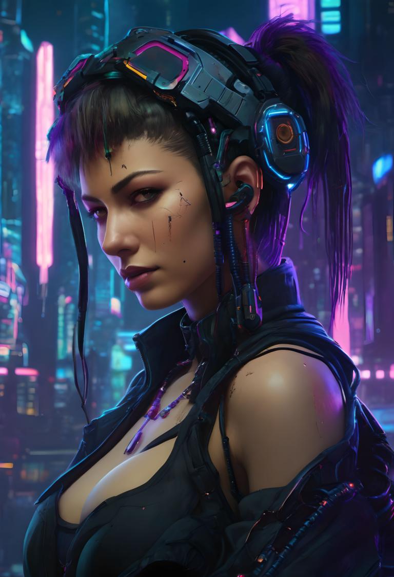 Cyberpunka,Cyberpunka, Ludzie, kobieta, 1 dziewczyna, piersi, solo, biżuteria, cyberpunk, koński ogon