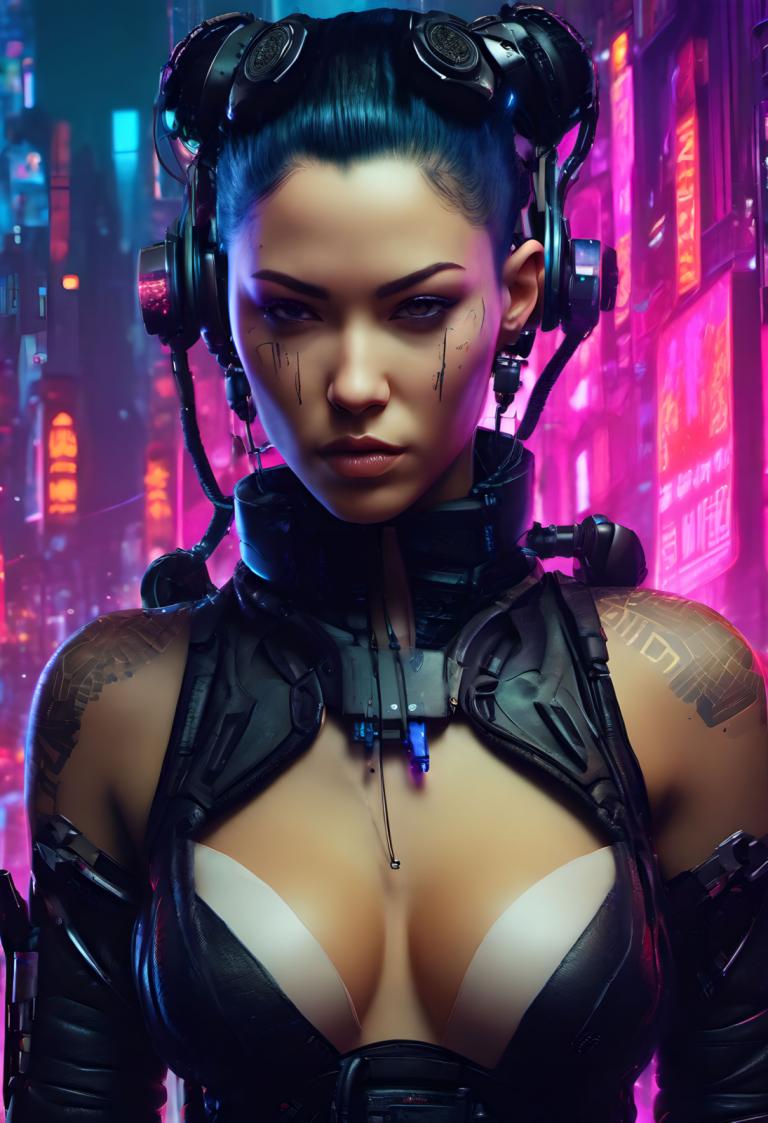 Cyberpunk,Cyberpunk, Ljudje, ženska, 1 dekle, solo, prsi, cyberpunk, realističen, tetovaža, Črni lasje