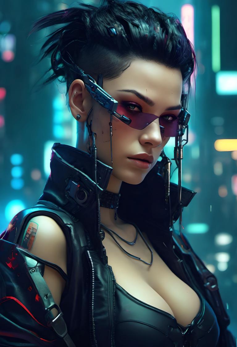 Cyberpunk,Cyberpunk, People, woman, 1girl, breasts, solo, cleavage, jewelry, cyberpunk, black hair, necklace